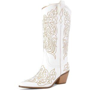 Women White Knee High Boots Cowgirl Boots Cowboy Tall Boots Western Wide Calf